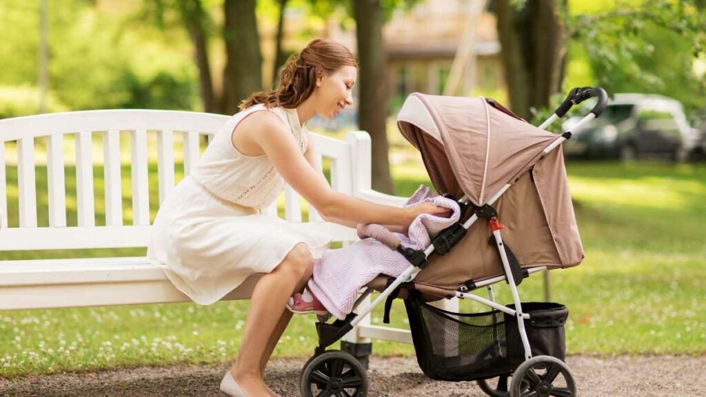 toddler in stroller in park